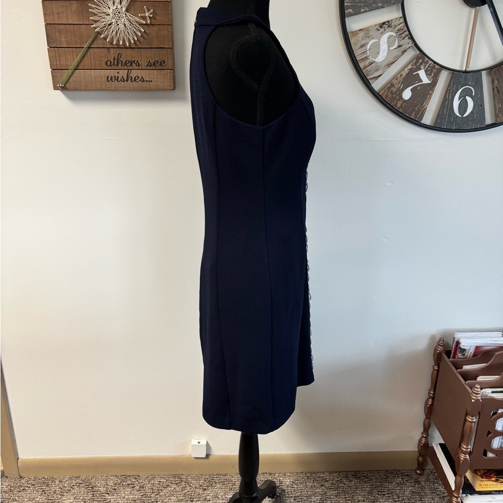 Sz6 Eliza J navy blue sleeveless halter dress. White nautical appliqué. NWT! - Picture 3 of 10